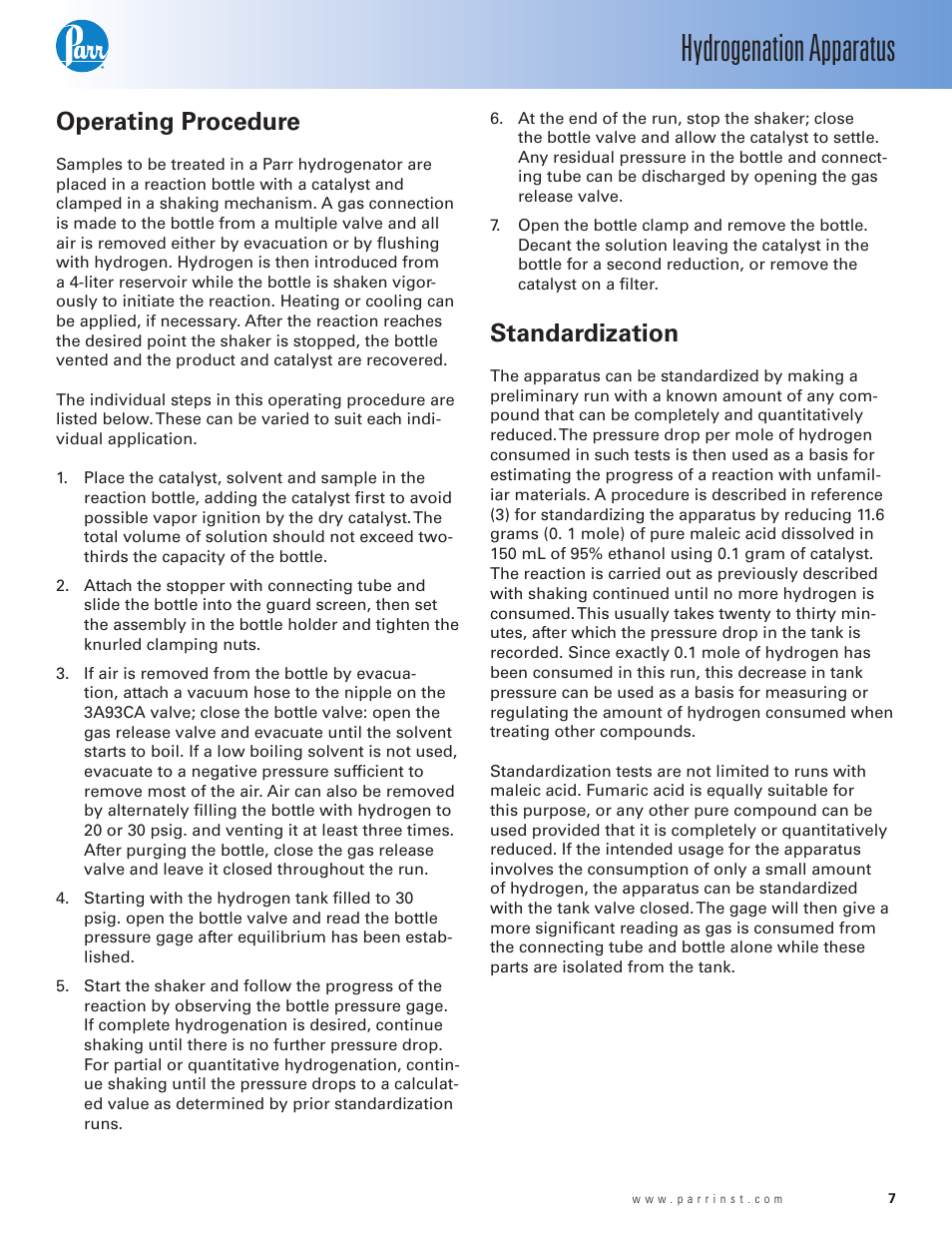 Operating procedure, Standardization, Hydrogenation apparatus | Parr Instrument Series 3900 User Manual | Page 7 / 36