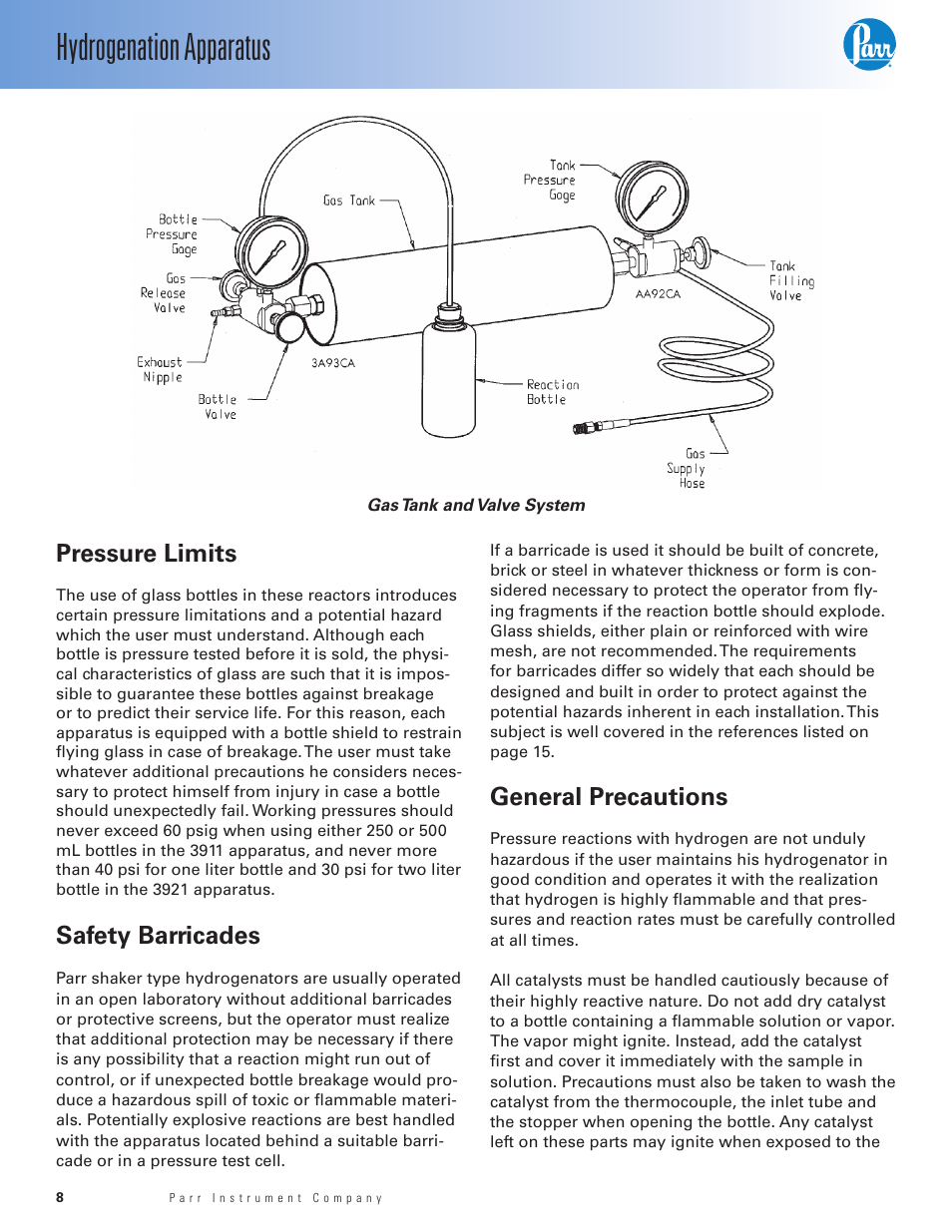 Pressure limits, Safety barricades, General precautions | Hydrogenation apparatus | Parr Instrument Series 3900 User Manual | Page 8 / 36