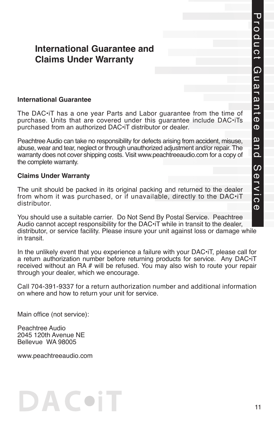 Product guarantee and service, International guarantee and claims under warranty | Peachtree Audio DAiT User Manual | Page 13 / 16