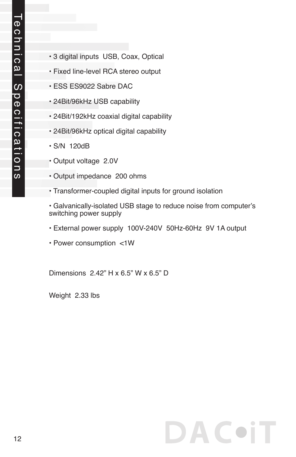 Technical specifications | Peachtree Audio DAiT User Manual | Page 14 / 16