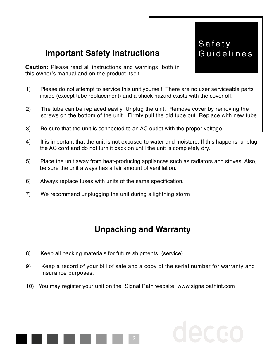 Unpacking and warranty, Important safety instructions | Peachtree Audio Decco User Manual | Page 4 / 10