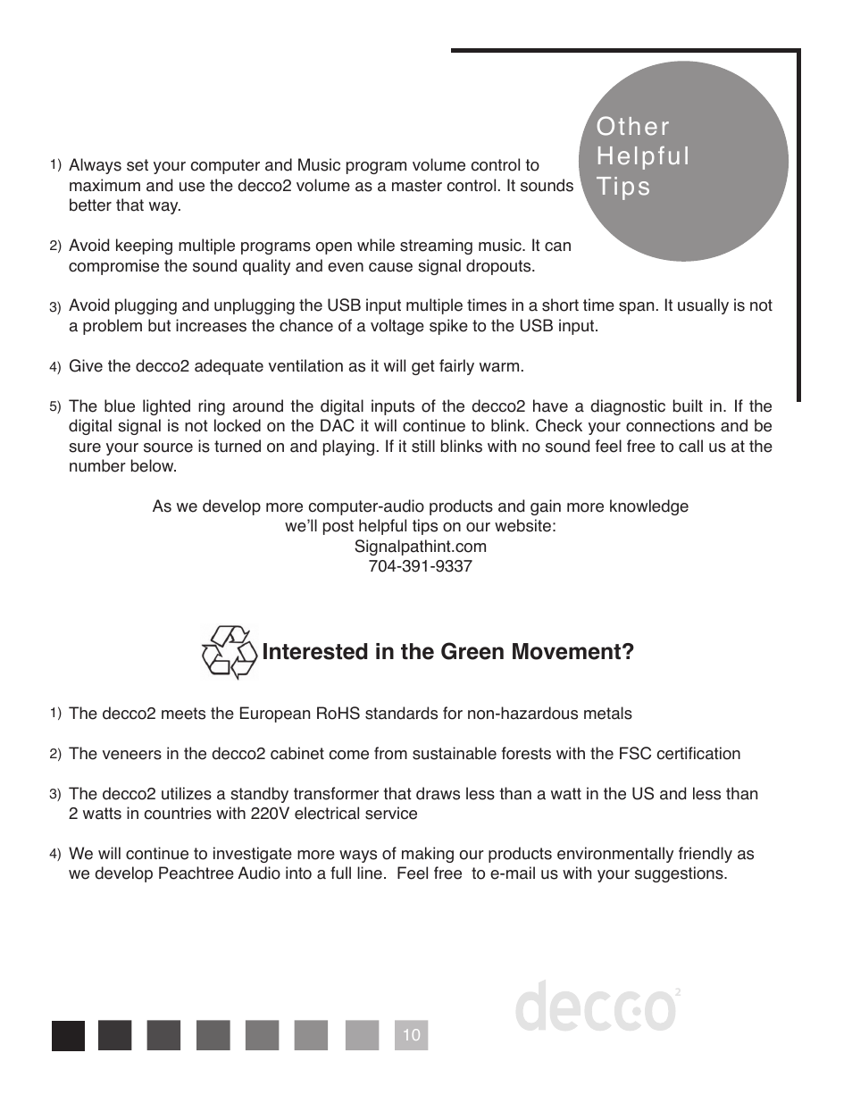 Other helpful tips, Interested in the green movement | Peachtree Audio Decco2 User Manual | Page 13 / 16