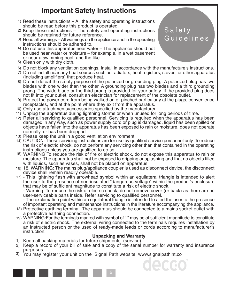 Important safety instructions | Peachtree Audio Decco2 User Manual | Page 5 / 16