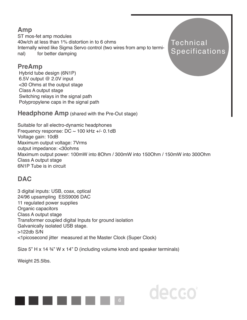 Technical specifications, Headphone amp, Preamp | Peachtree Audio Decco2 User Manual | Page 9 / 16