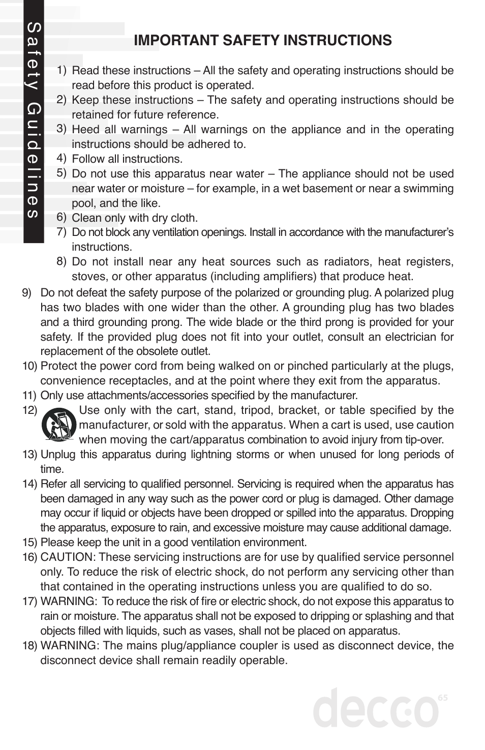 Safety guidelines, Important safety instructions | Peachtree Audio decco65 User Manual | Page 2 / 14