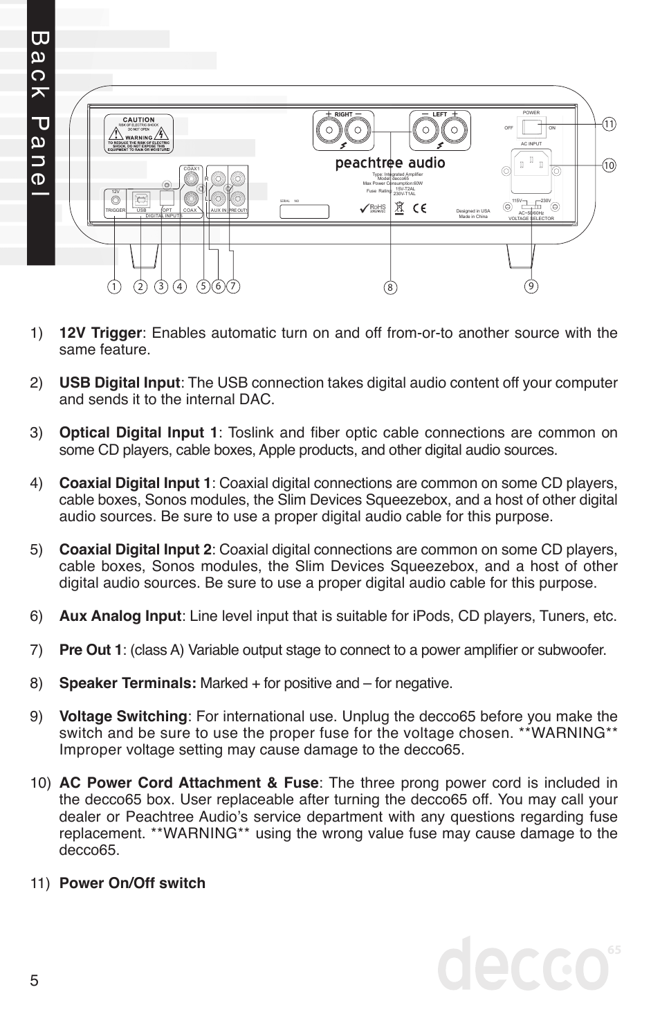 Back panel | Peachtree Audio decco65 User Manual | Page 6 / 14