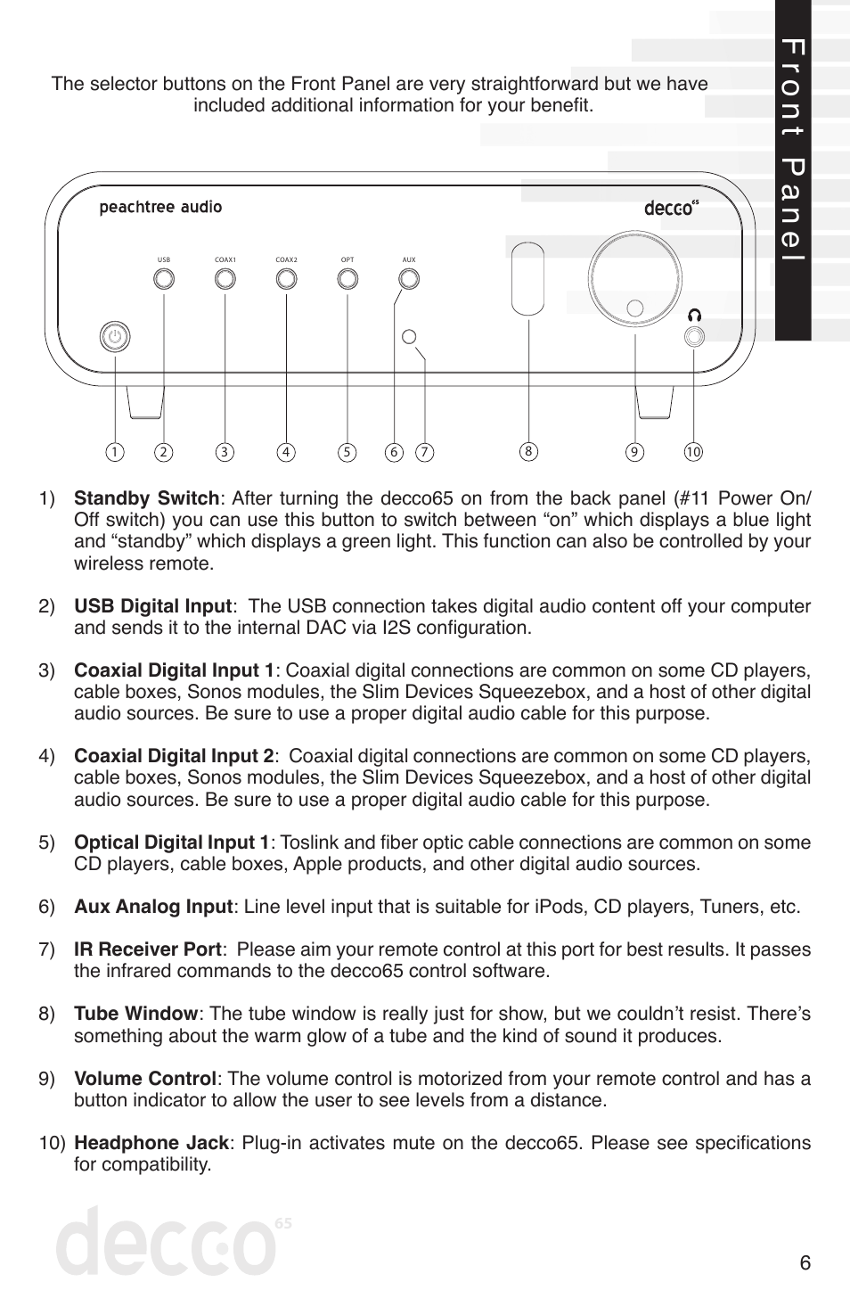 Front panel | Peachtree Audio decco65 User Manual | Page 7 / 14