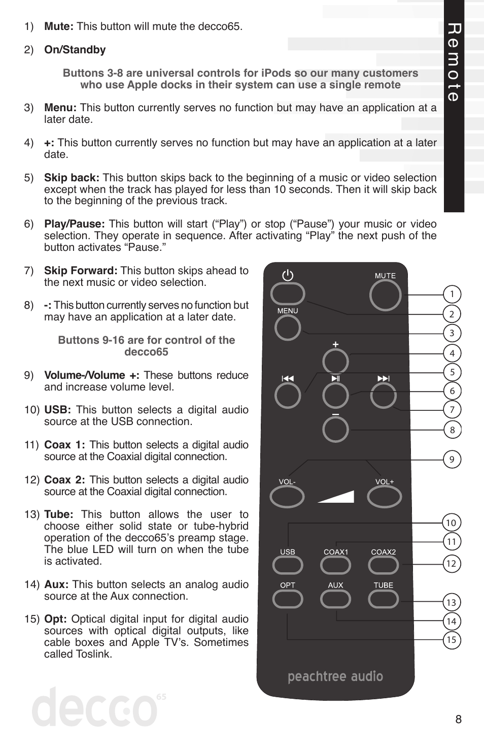 Remote | Peachtree Audio decco65 User Manual | Page 9 / 14