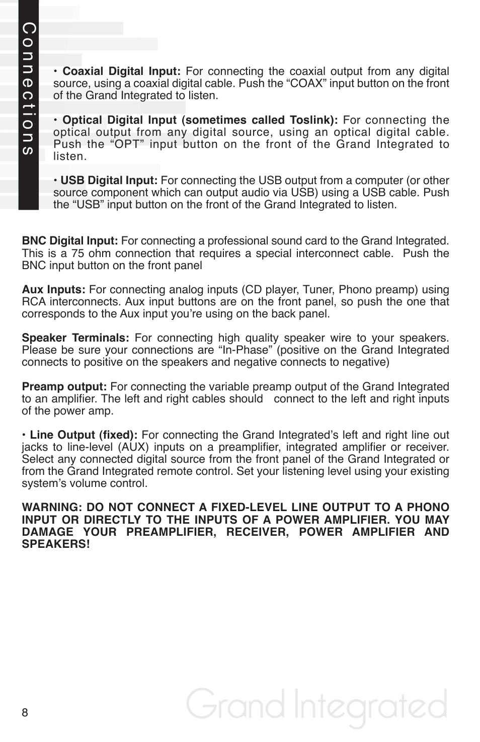 Grand integrated, Connections | Peachtree Audio Grand Integrated User Manual | Page 11 / 17