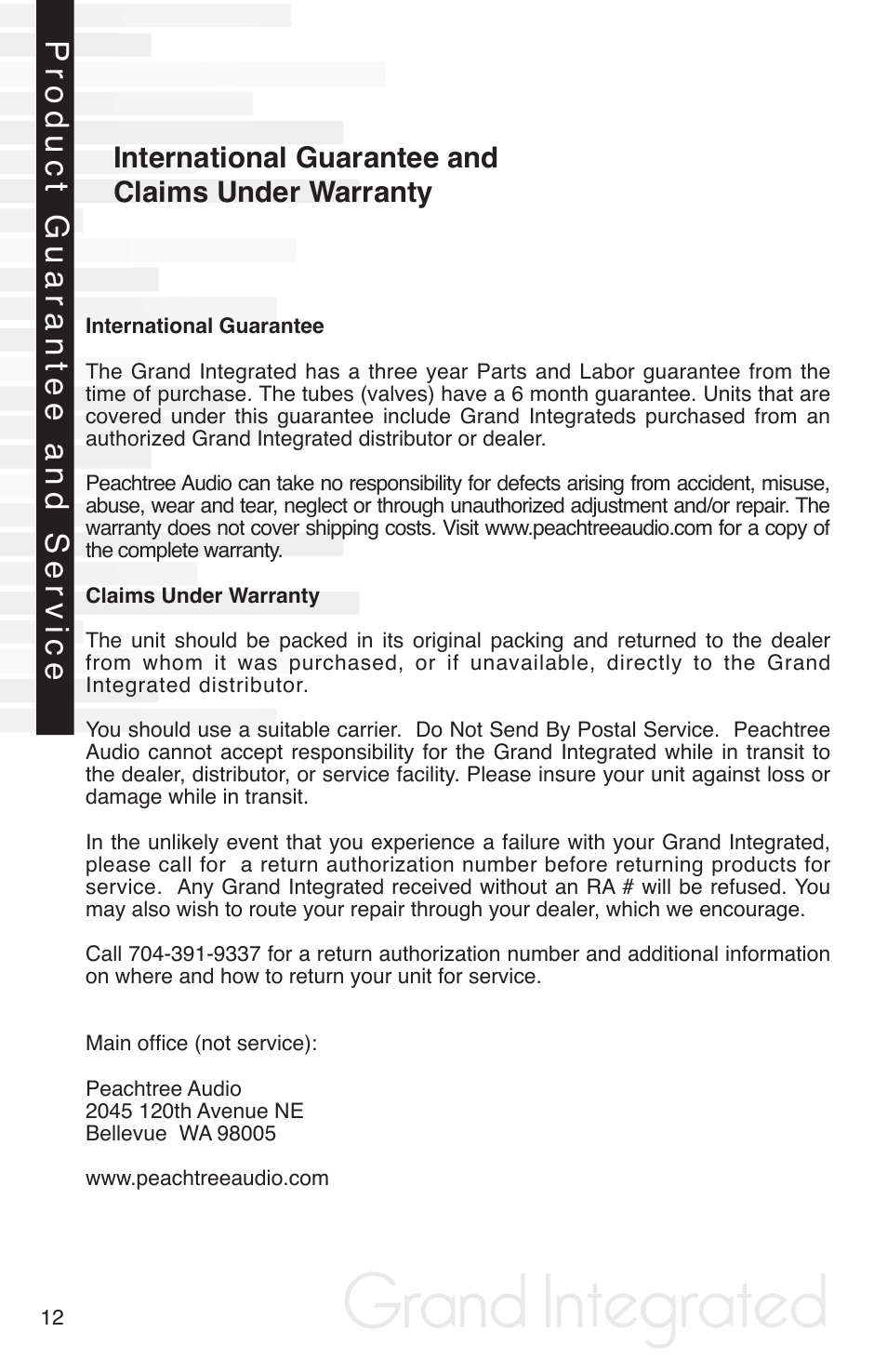 Grand integrated, Product guarantee and service | Peachtree Audio Grand Integrated User Manual | Page 15 / 17