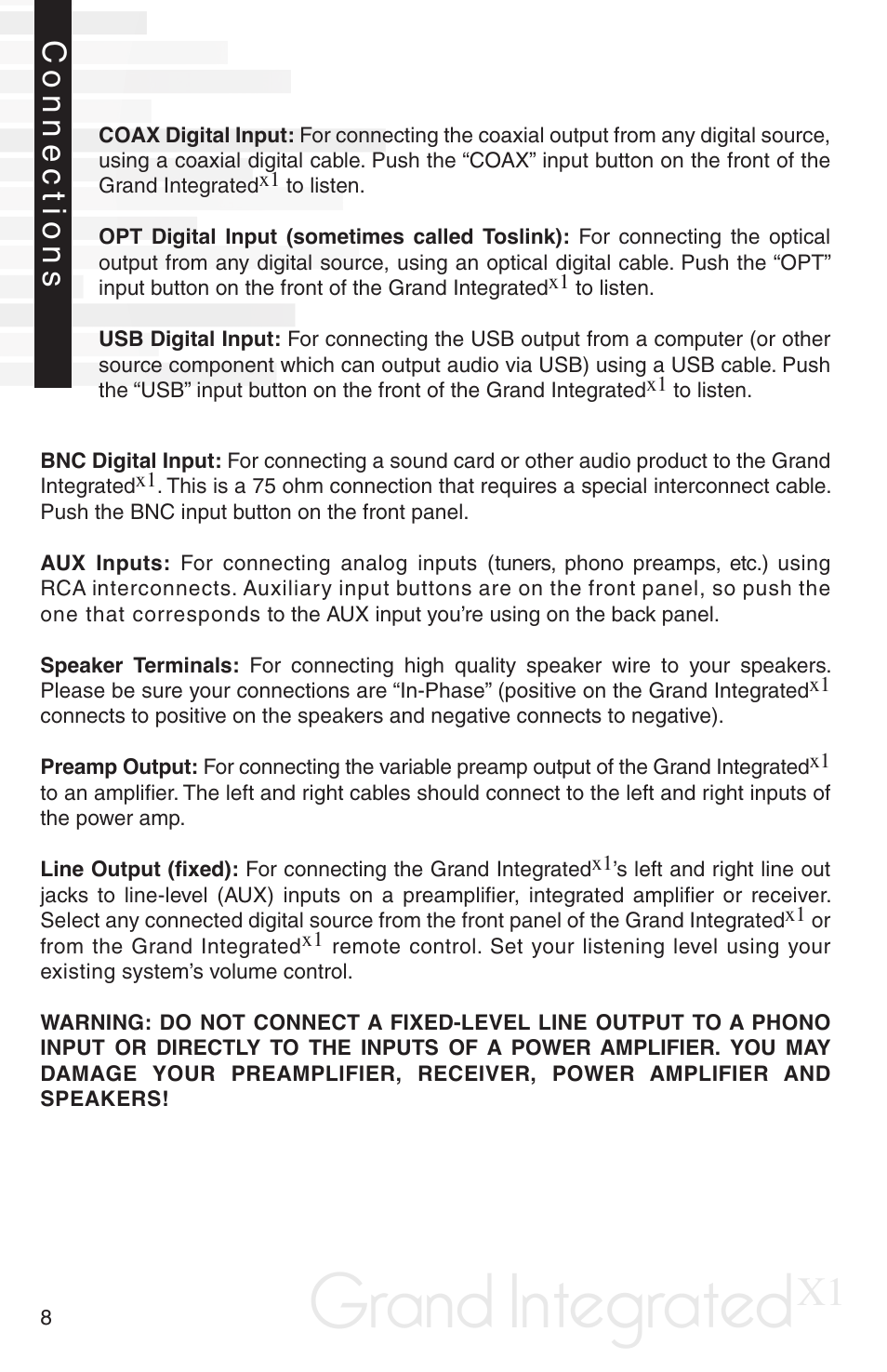 Grand integrated, Connections | Peachtree Audio Grand Integrated X-1 User Manual | Page 10 / 16