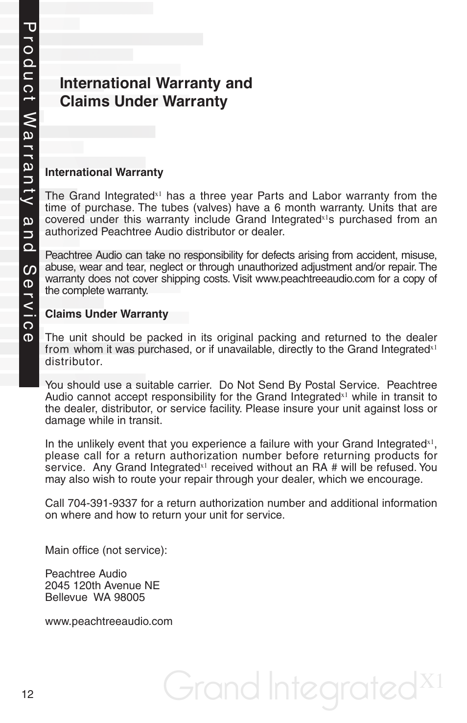 Grand integrated, Product w arr anty and ser vice, International warranty and claims under warranty | Peachtree Audio Grand Integrated X-1 User Manual | Page 14 / 16