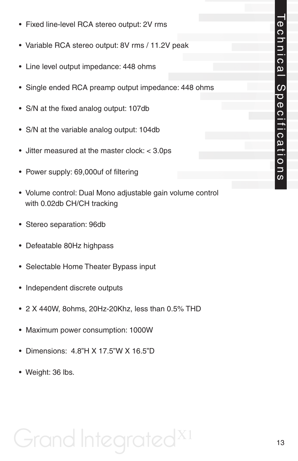 Grand integrated, Technical specifications | Peachtree Audio Grand Integrated X-1 User Manual | Page 15 / 16