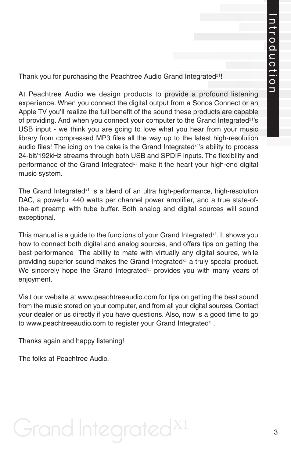 Grand integrated, Introduction | Peachtree Audio Grand Integrated X-1 User Manual | Page 5 / 16