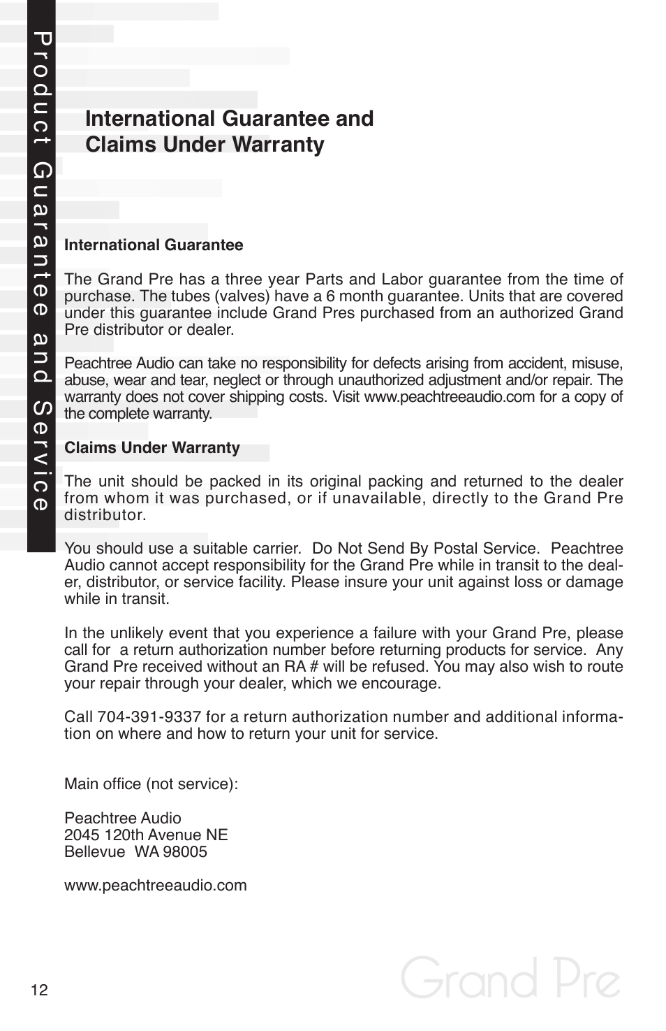 Grand pre, Product guarantee and service | Peachtree Audio Grand Pre User Manual | Page 14 / 16
