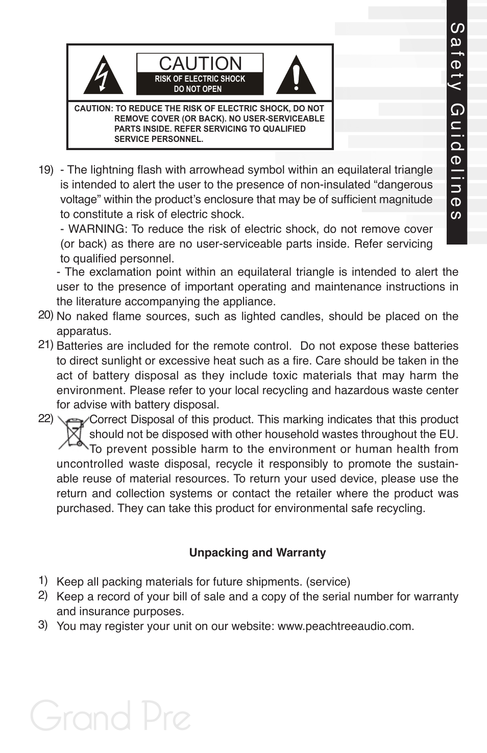 Grand pre, Safety guidelines | Peachtree Audio Grand Pre User Manual | Page 3 / 16