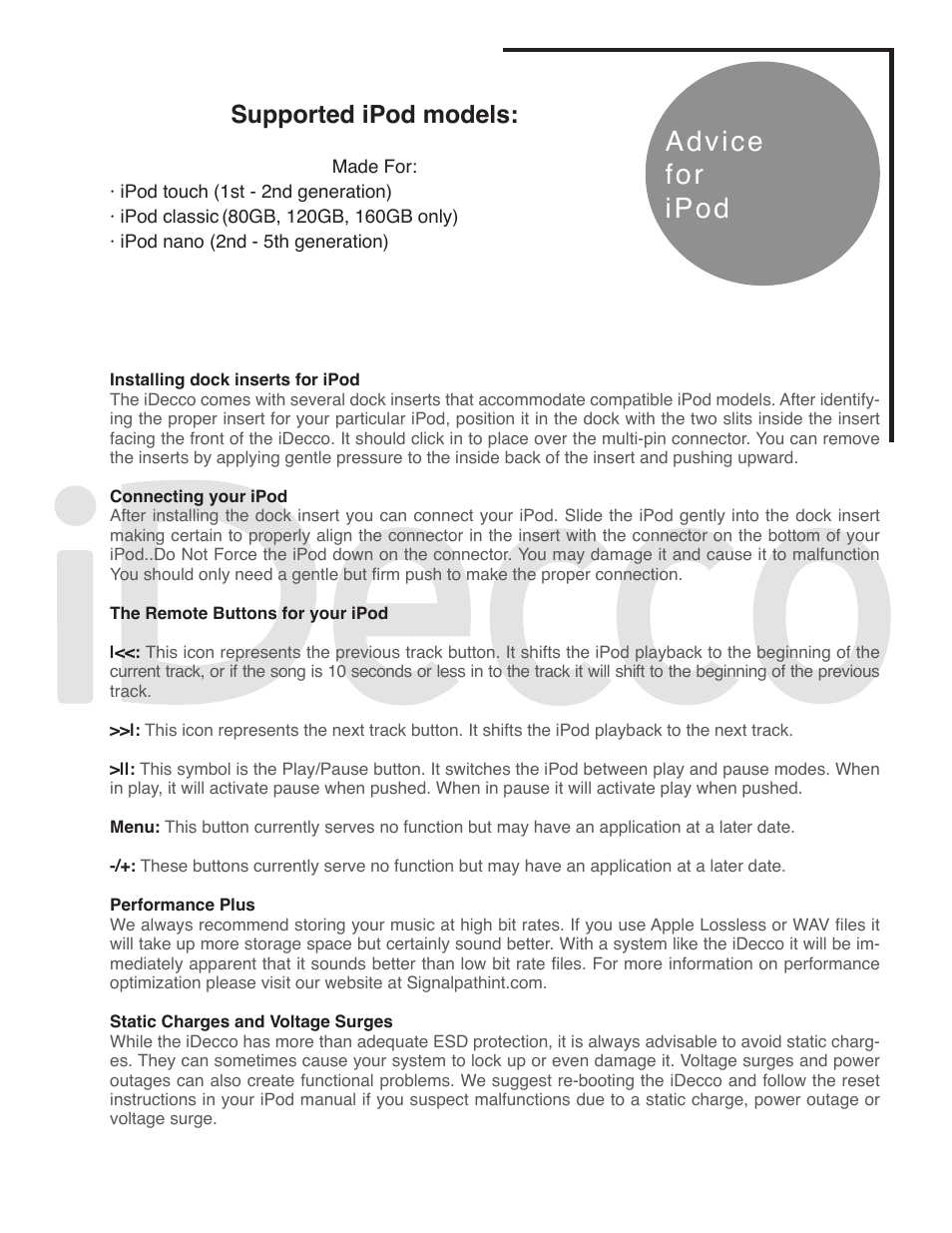 Advice for ipod, Supported ipod models | Peachtree Audio iDecco User Manual | Page 15 / 16