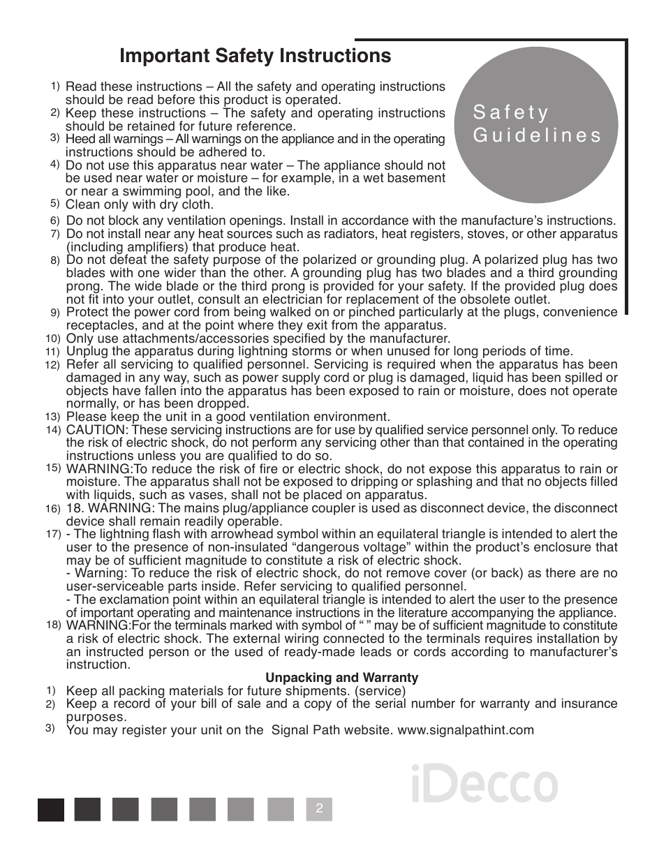 Important safety instructions | Peachtree Audio iDecco User Manual | Page 5 / 16