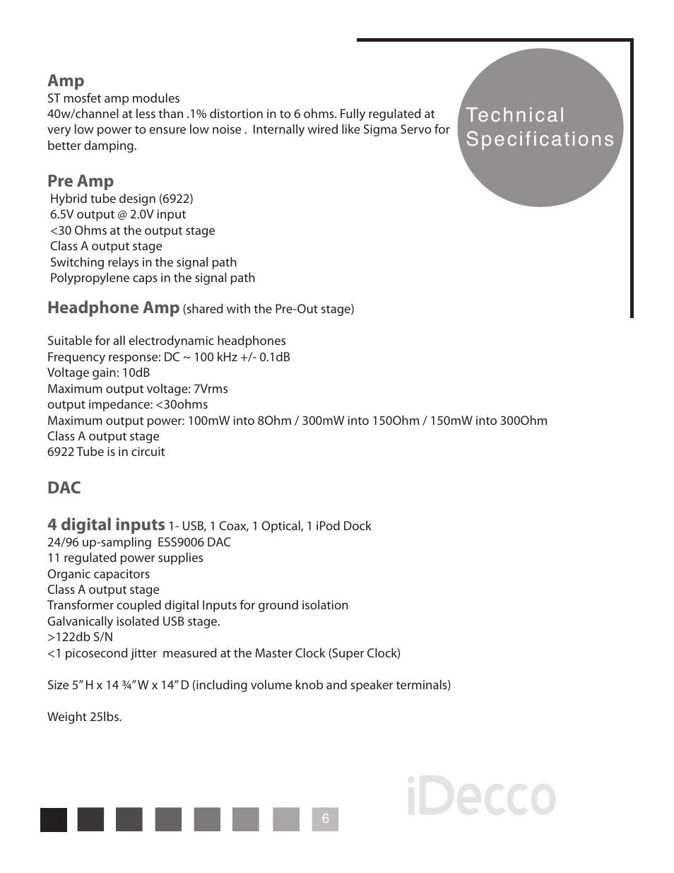 Technical specifications, Headphone amp, Dac 4 digital inputs | Pre amp | Peachtree Audio iDecco User Manual | Page 9 / 16