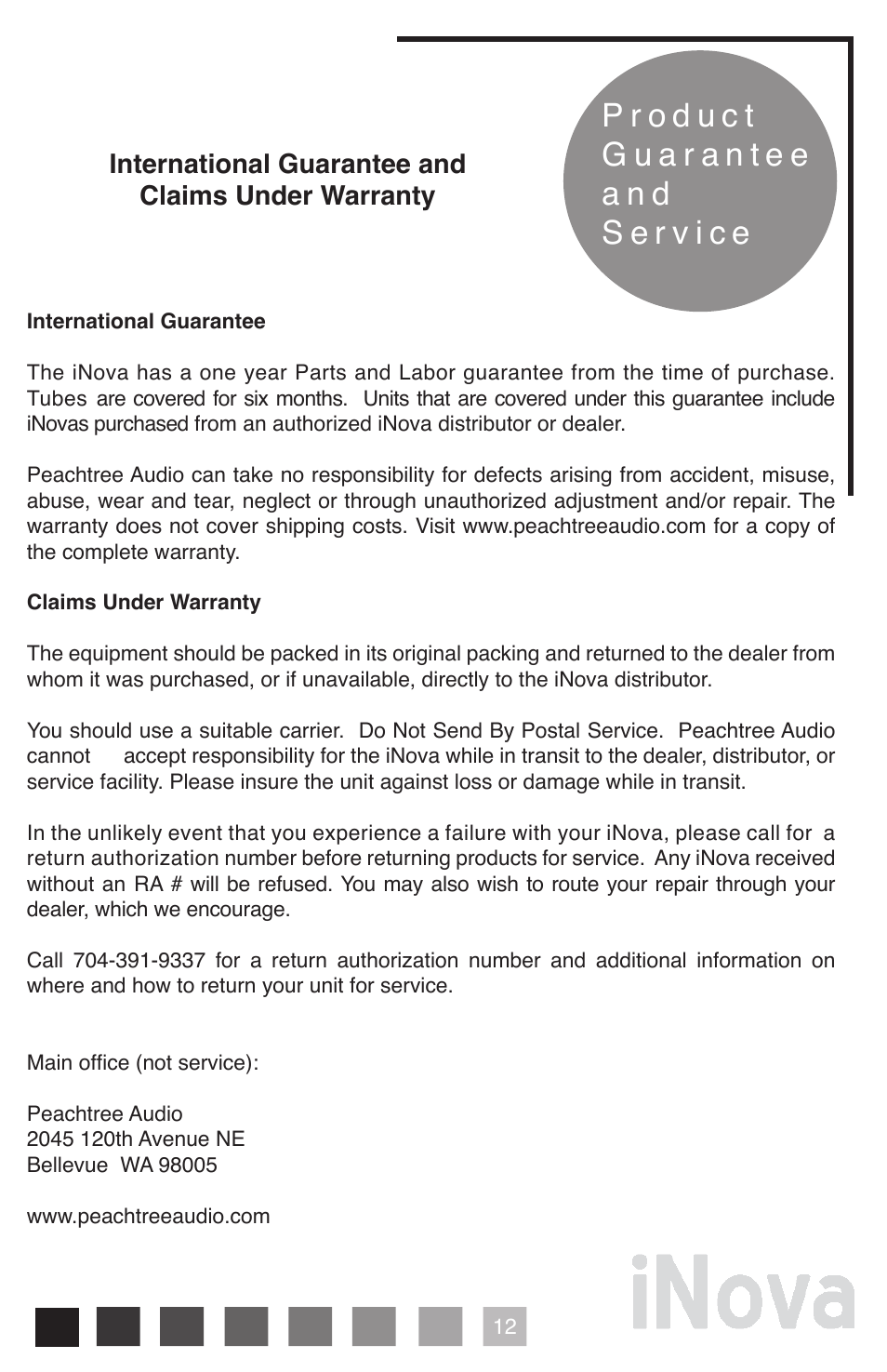 International guarantee and claims under warranty | Peachtree Audio iNova User Manual | Page 13 / 16
