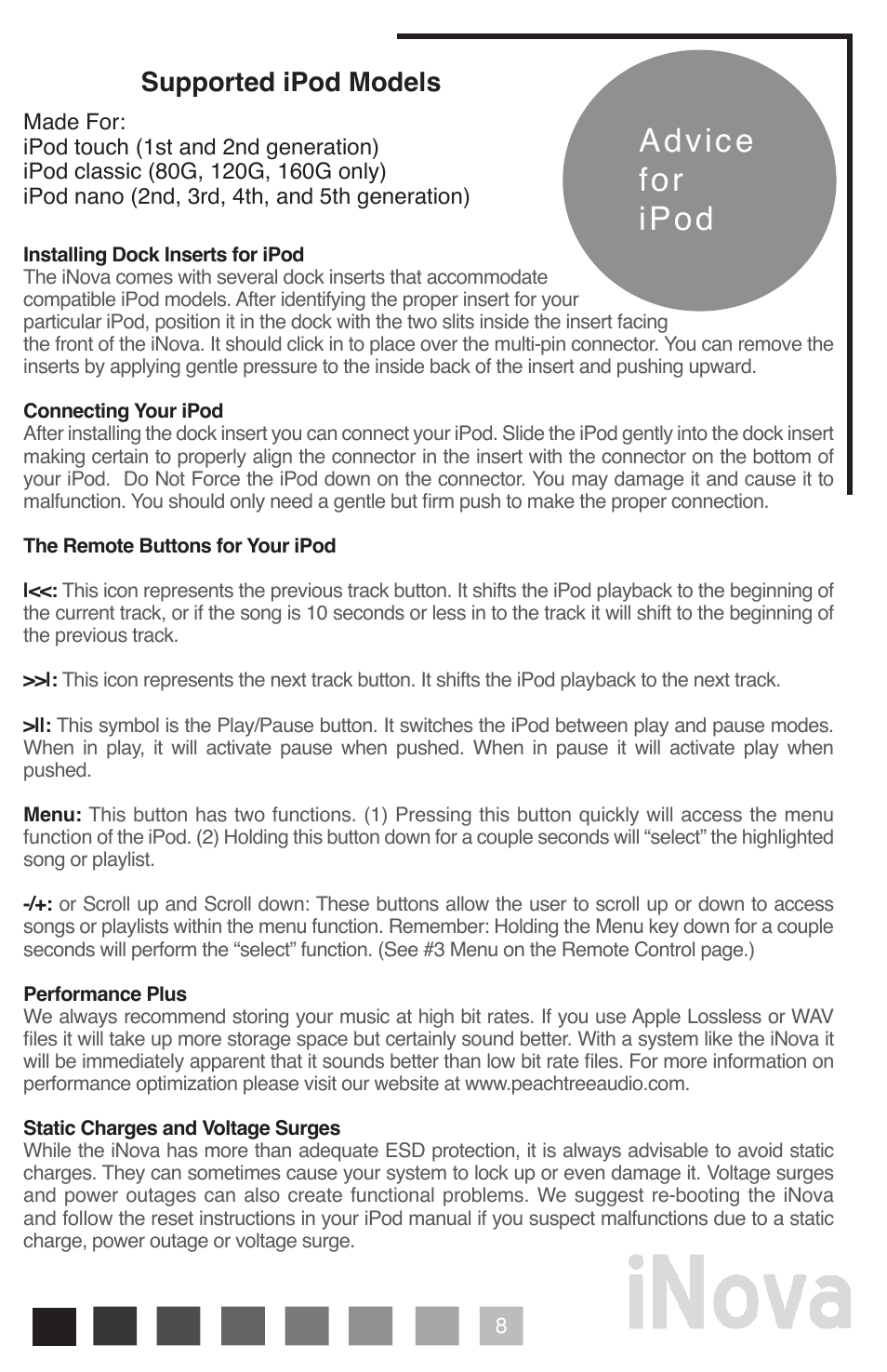 Advice for ipod, Supported ipod models | Peachtree Audio iNova User Manual | Page 9 / 16
