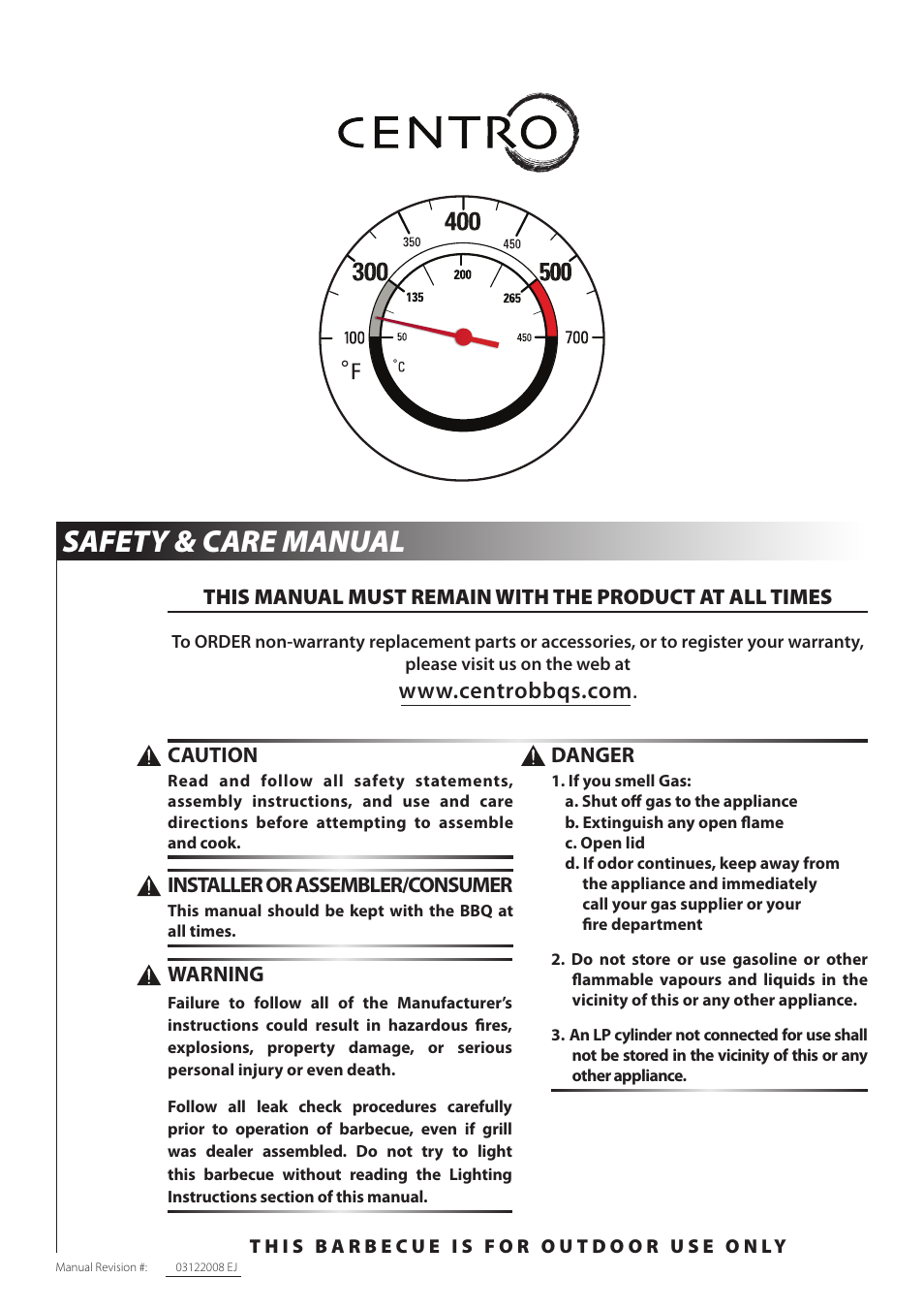 Safety & care manual, Danger, Warning | Caution, Installer or assembler/consumer | Centro 03122008 EJ User Manual | Page 2 / 22