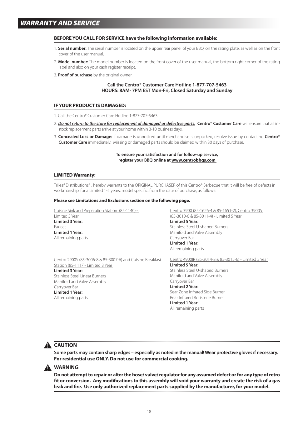 Warranty and service | Centro 03122008 EJ User Manual | Page 21 / 22