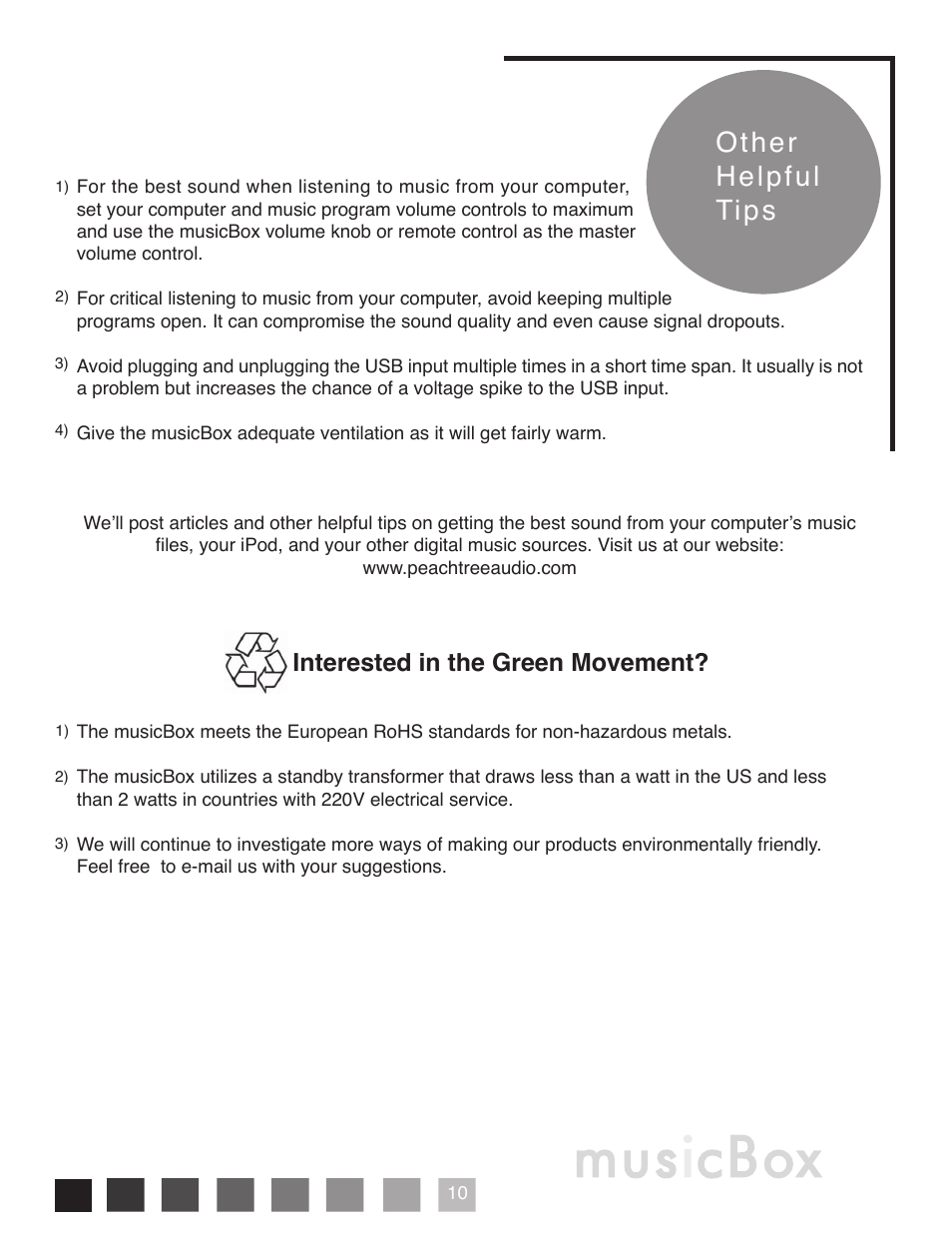 Other helpful tips, Interested in the green movement | Peachtree Audio musicBox User Manual | Page 11 / 16