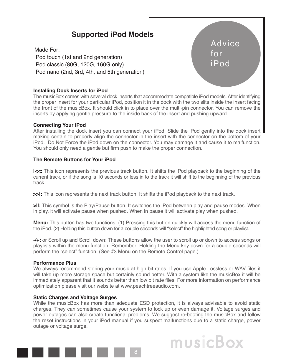 Advice for ipod, Supported ipod models | Peachtree Audio musicBox User Manual | Page 9 / 16