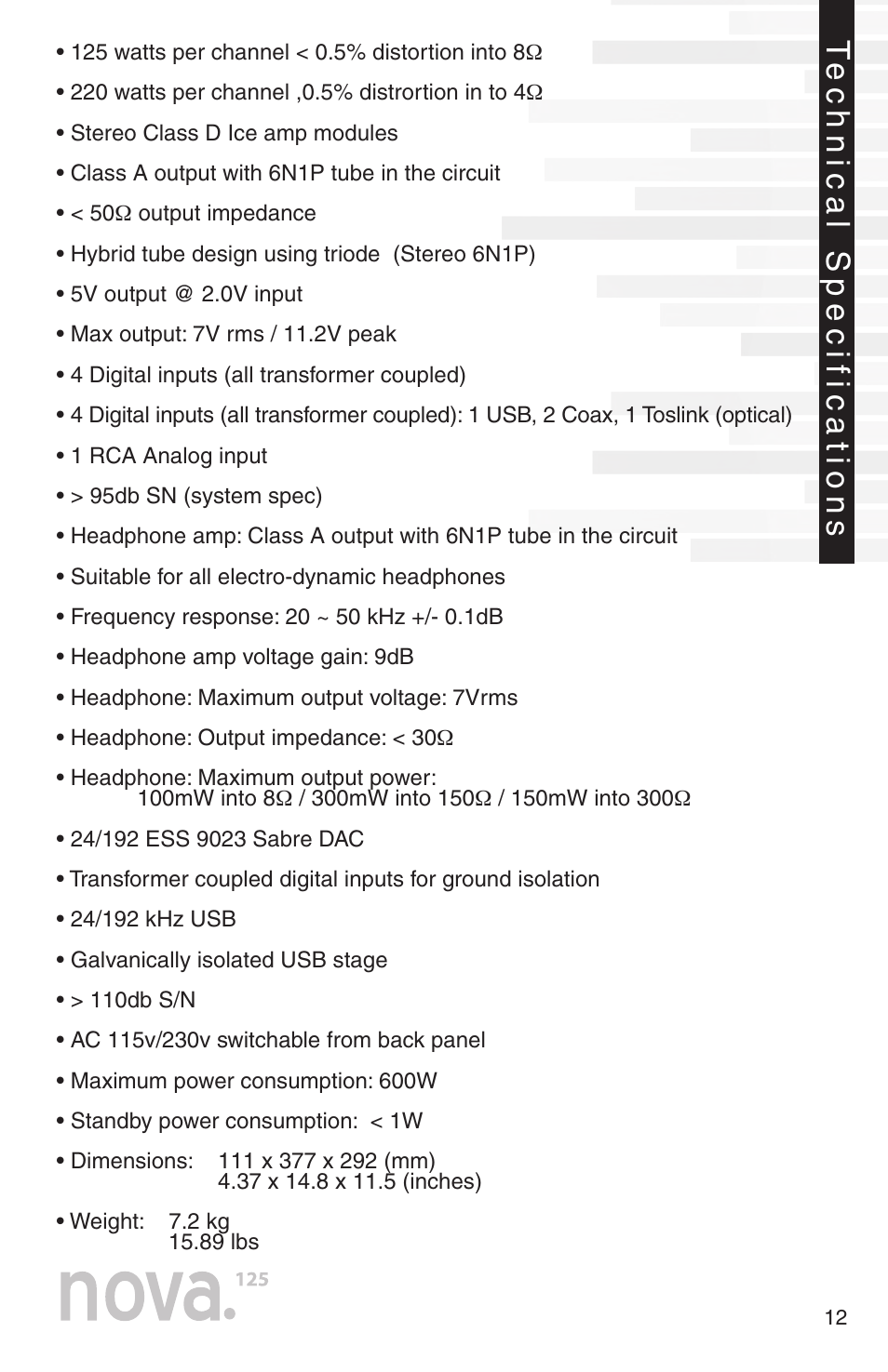 Technical specifications | Peachtree Audio nova125 User Manual | Page 14 / 16