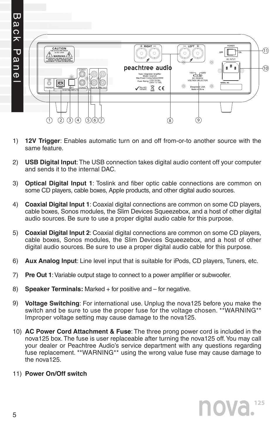 Bac k p anel | Peachtree Audio nova125 User Manual | Page 7 / 16