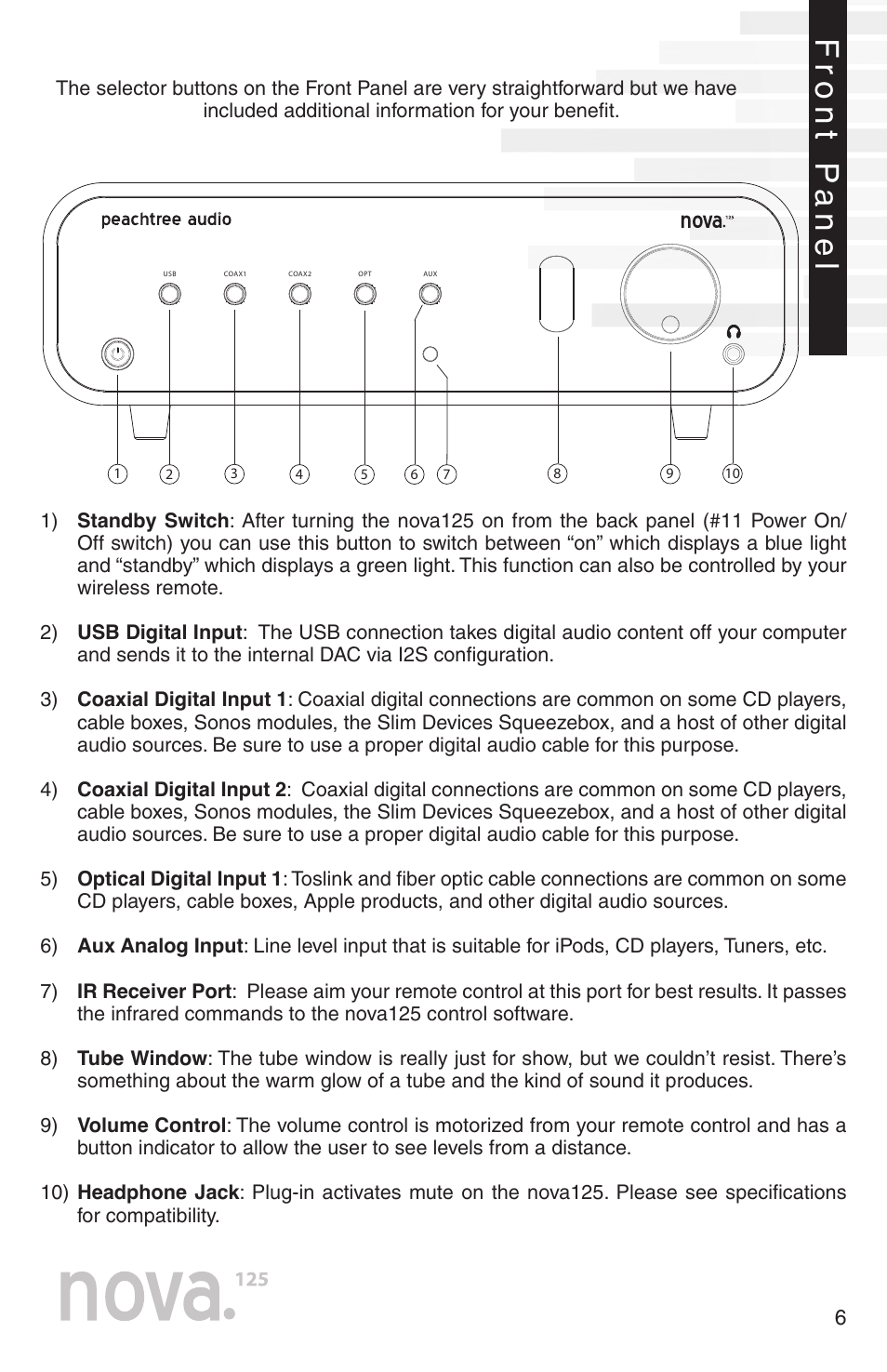 Front p anel | Peachtree Audio nova125 User Manual | Page 8 / 16