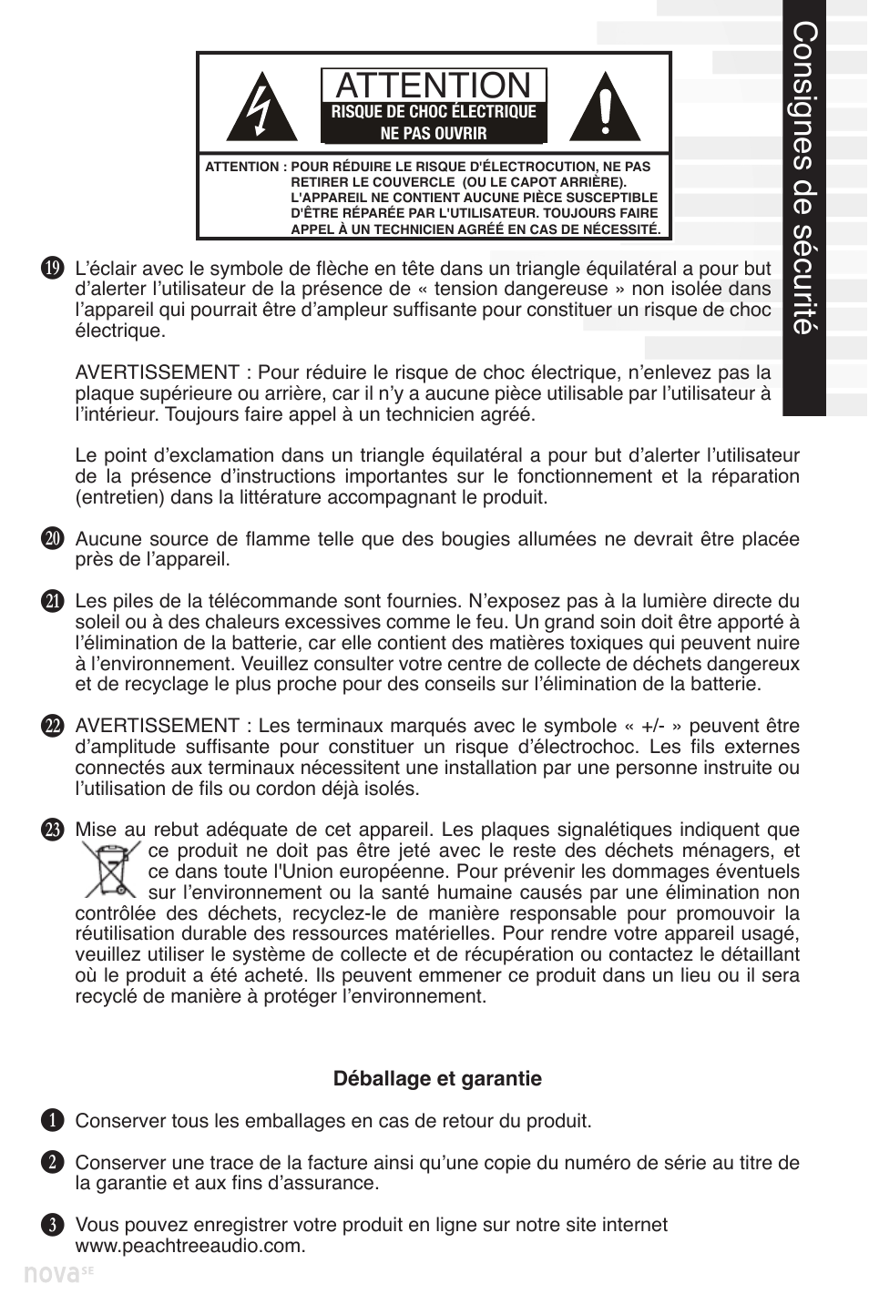 Attention, Caution, Consignes de sécurité | Peachtree Audio nova220SE User Manual | Page 15 / 48