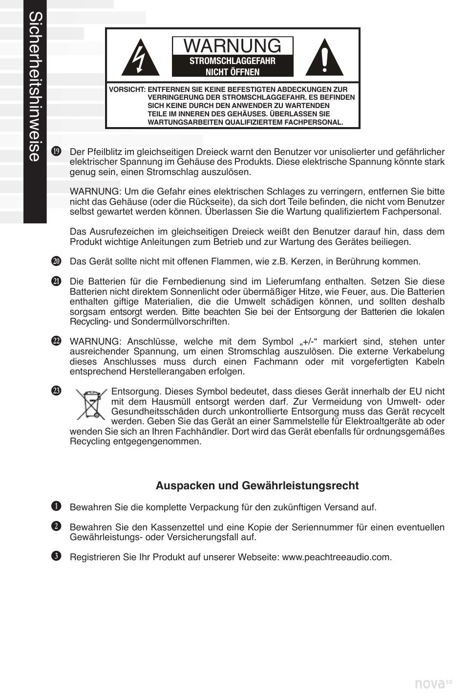 Warnung, Caution | Peachtree Audio nova220SE User Manual | Page 26 / 48