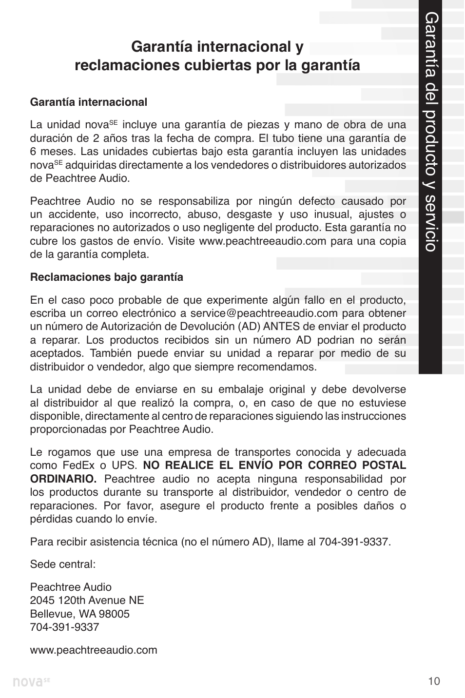 Garantía del producto y servicio | Peachtree Audio nova220SE User Manual | Page 45 / 48