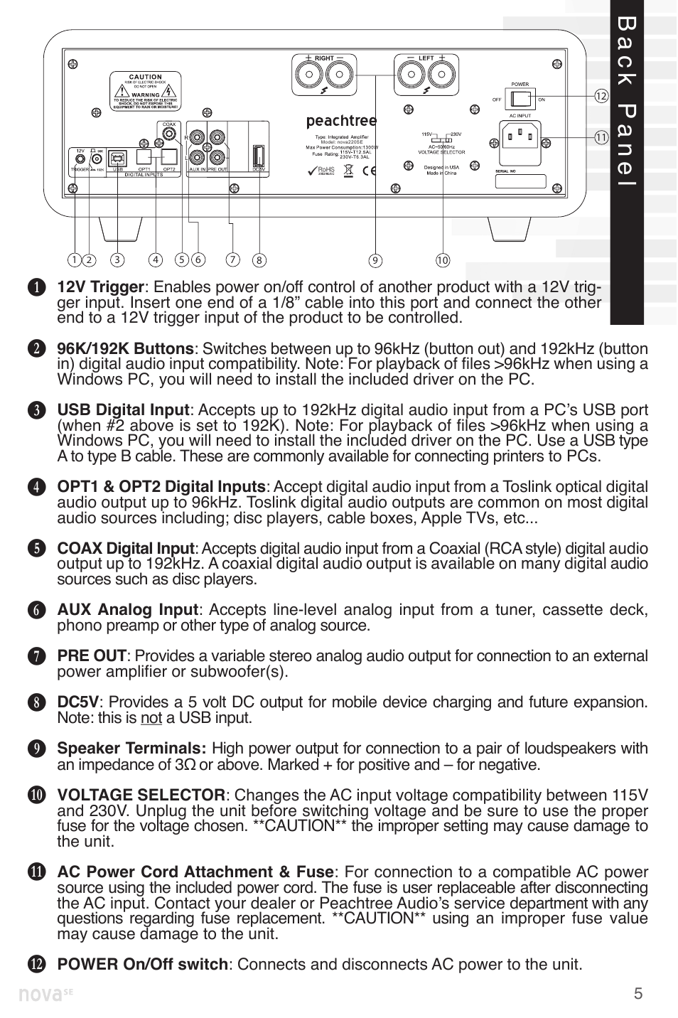 Back panel | Peachtree Audio nova220SE User Manual | Page 7 / 48
