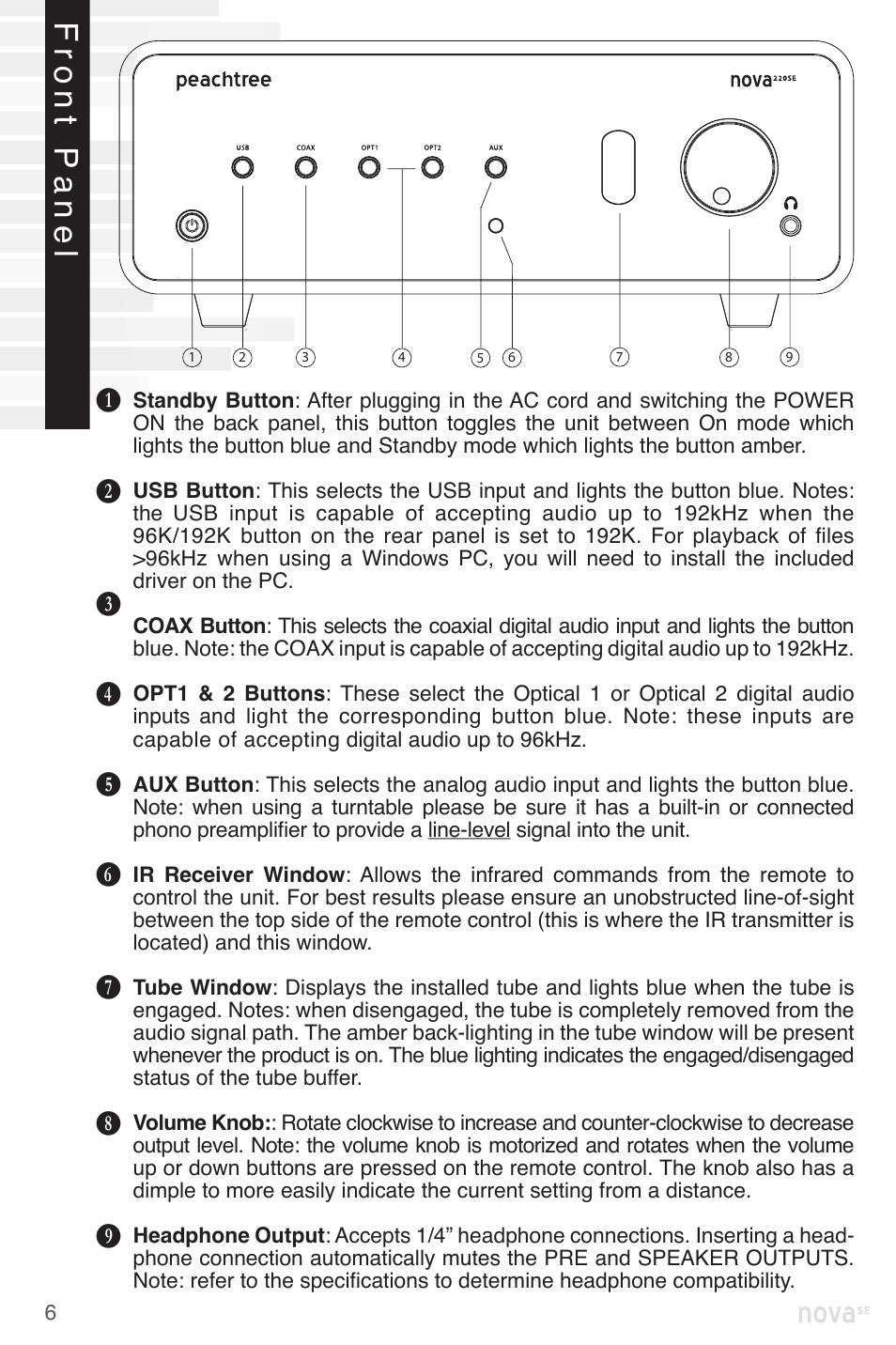 Front panel | Peachtree Audio nova220SE User Manual | Page 8 / 48