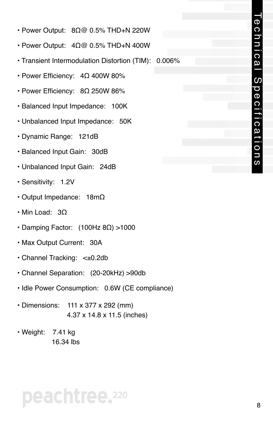 Technical specifications | Peachtree Audio Peachtree220 User Manual | Page 10 / 12