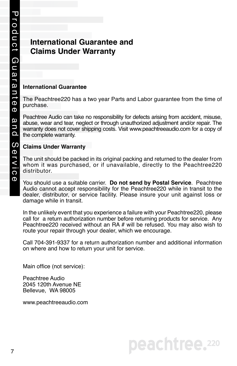 Product guarantee and service, International guarantee and claims under warranty | Peachtree Audio Peachtree220 User Manual | Page 9 / 12