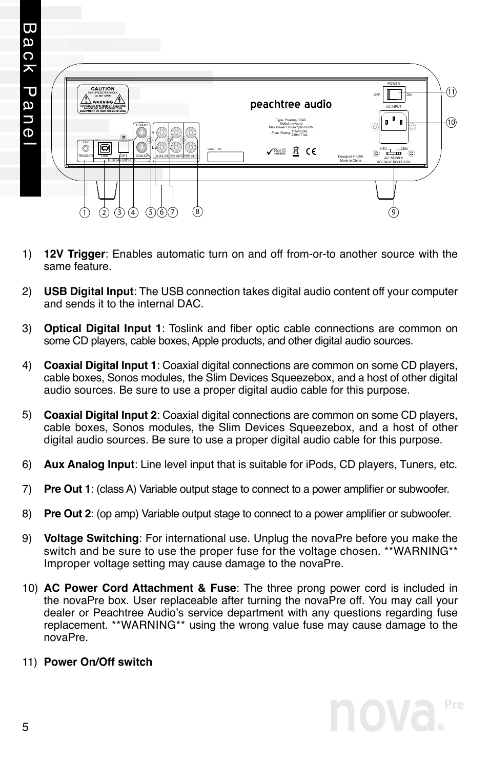 Back panel | Peachtree Audio novaPre User Manual | Page 7 / 16