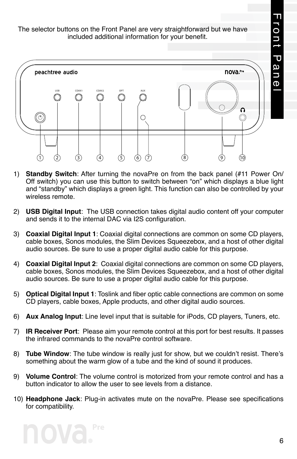 Front panel | Peachtree Audio novaPre User Manual | Page 8 / 16