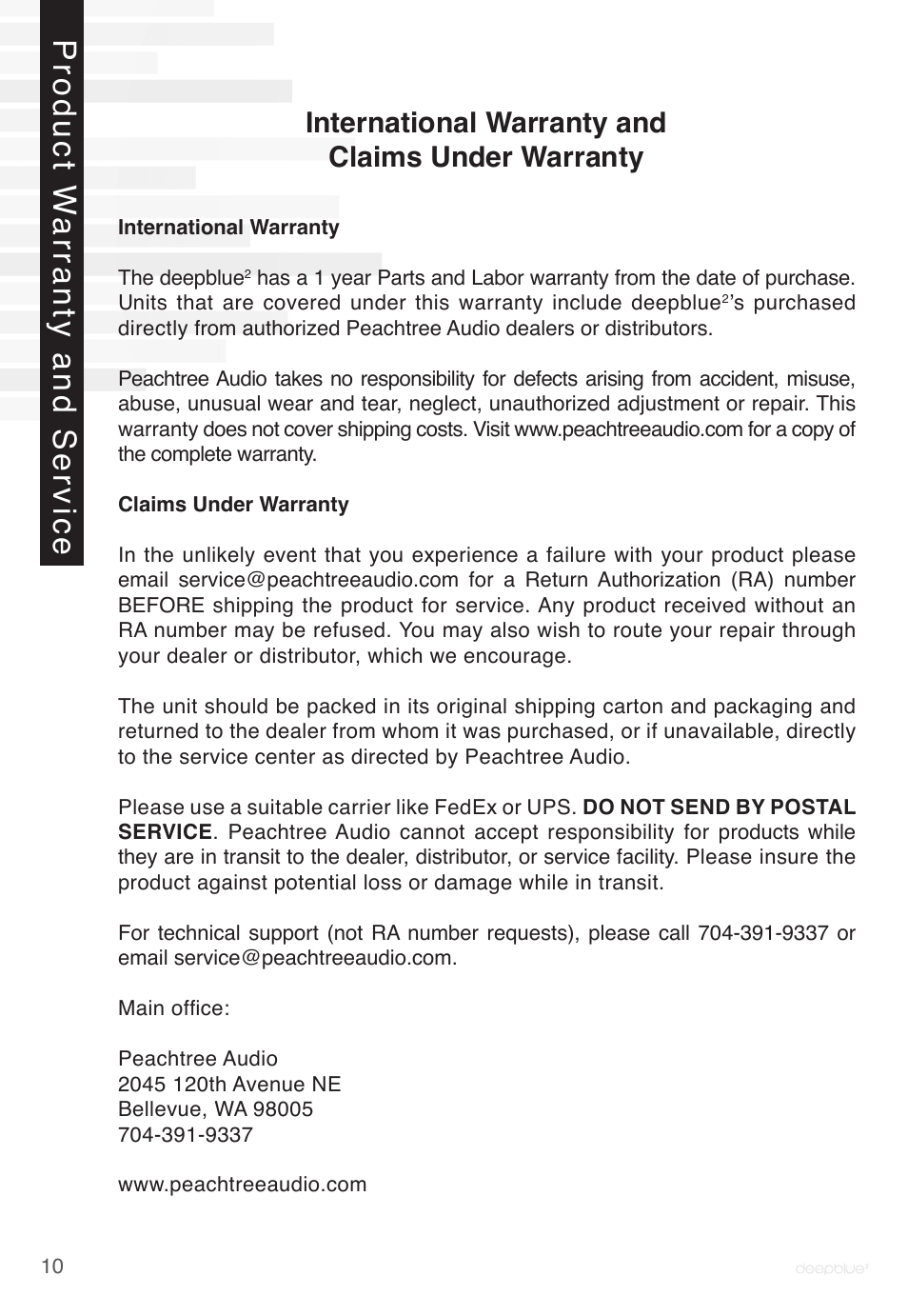 Product w arranty and service, International warranty and claims under warranty | Peachtree Audio deepblue2 User Manual | Page 10 / 12