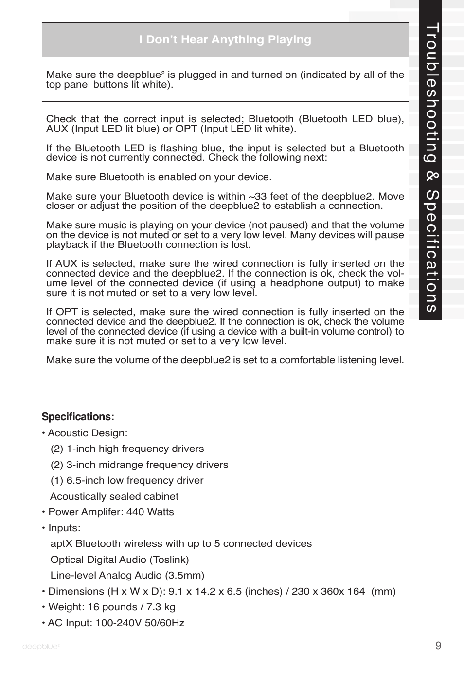 Troubleshooting & specifications | Peachtree Audio deepblue2 User Manual | Page 9 / 12