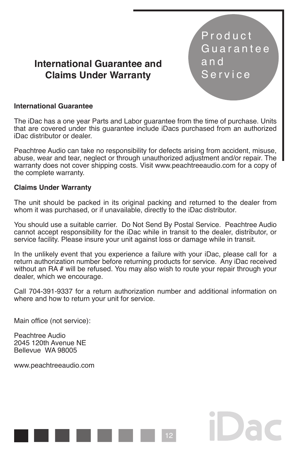 International guarantee and claims under warranty | Peachtree Audio iDac User Manual | Page 13 / 16