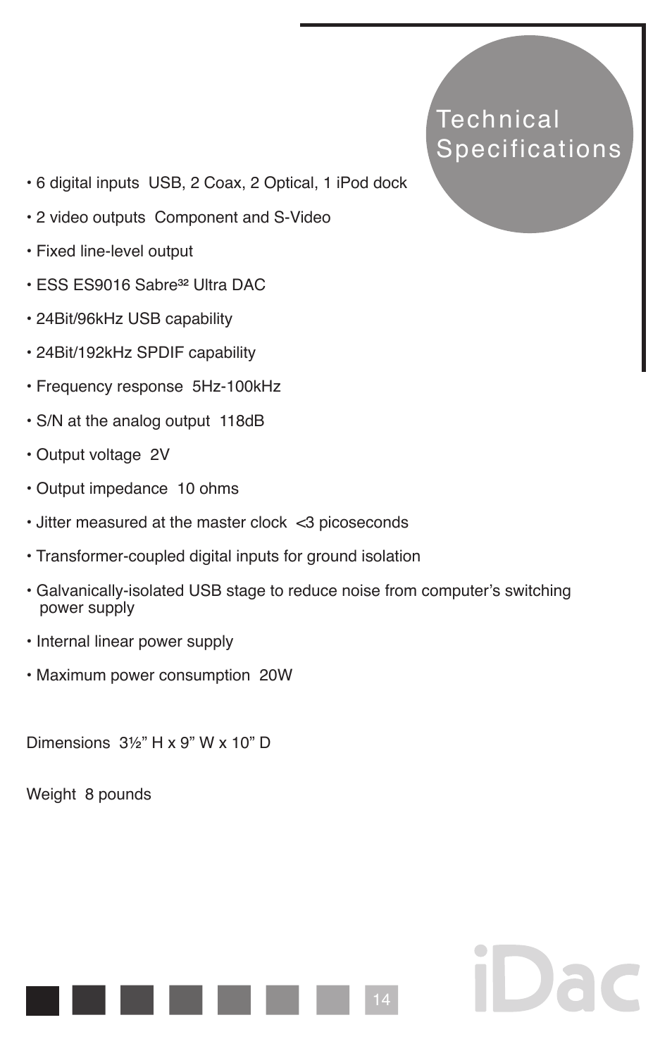 Technical specifications | Peachtree Audio iDac User Manual | Page 15 / 16