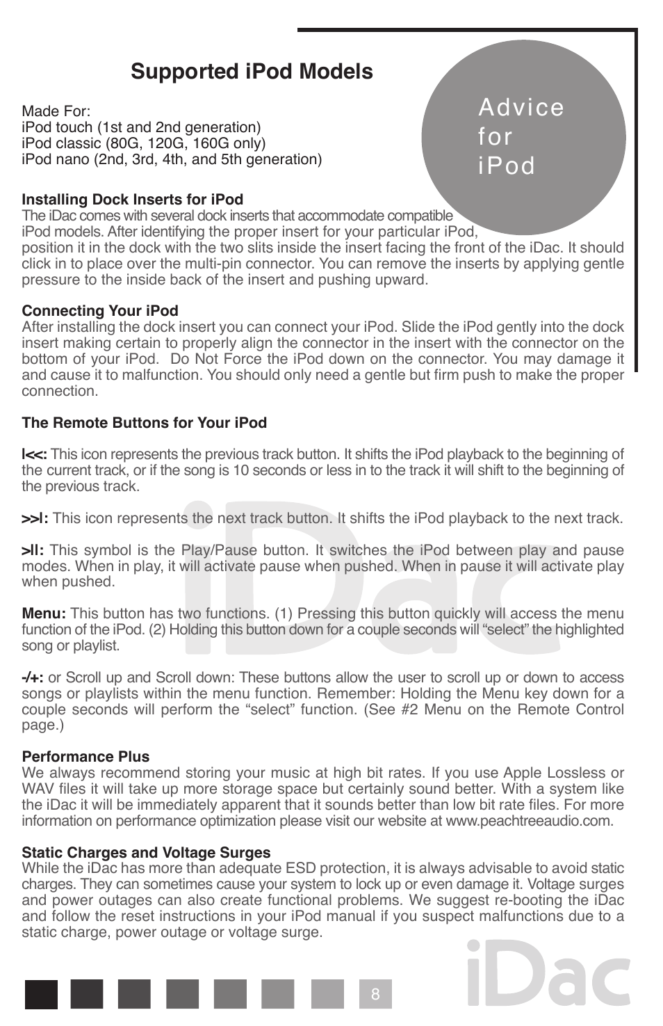 Advice for ipod, Supported ipod models | Peachtree Audio iDac User Manual | Page 9 / 16