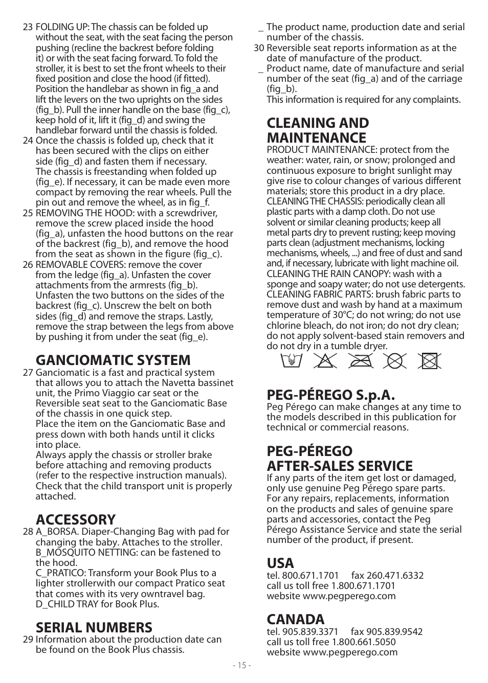 Ganciomatic system, Accessory, Serial numbers | Cleaning and maintenance, Peg-pérego s.p.a, Peg-pérego after-sales service, Canada | Peg-Perego Book Plus User Manual | Page 15 / 24