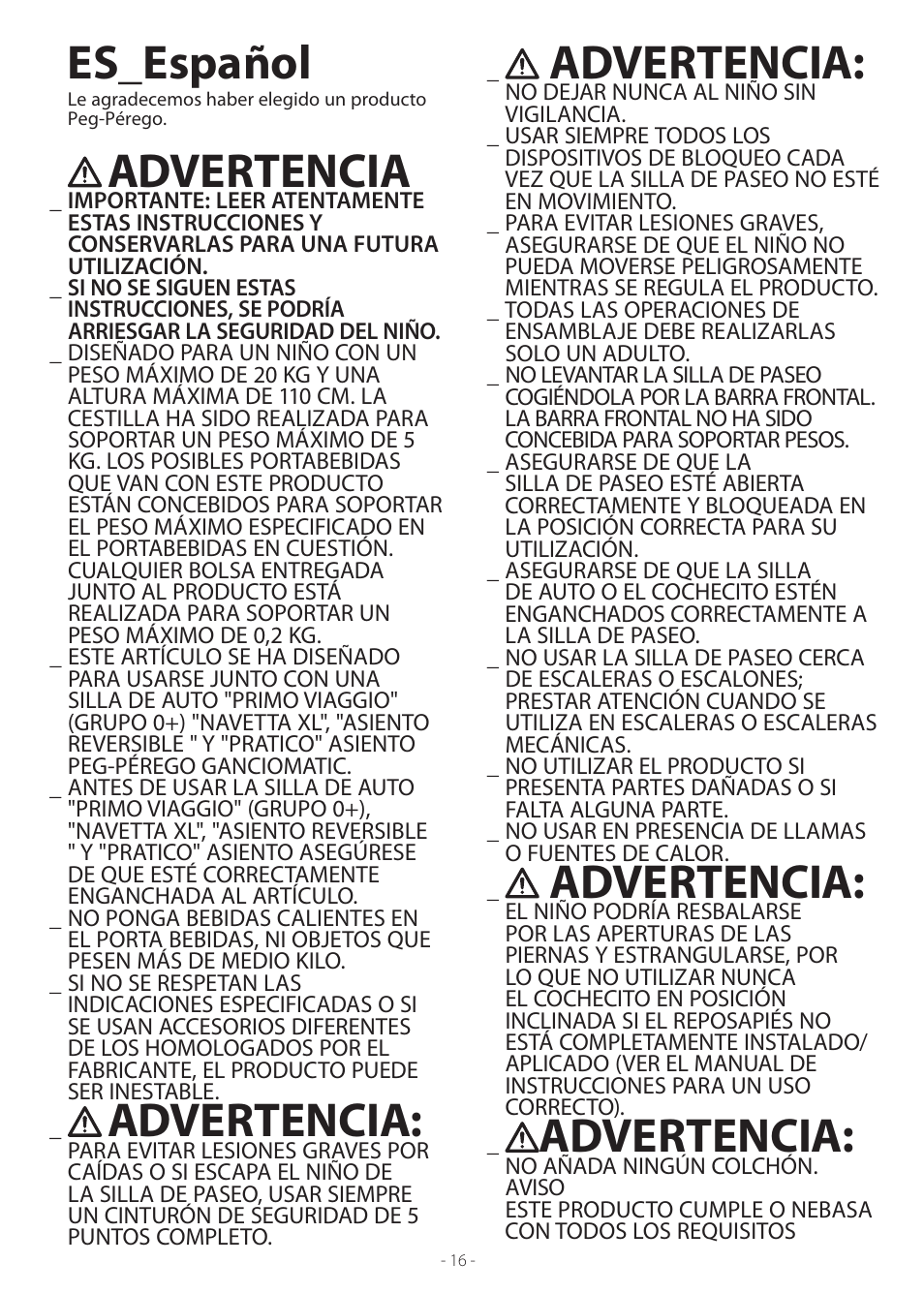 Es_español, Advertencia | Peg-Perego Book Plus User Manual | Page 16 / 24