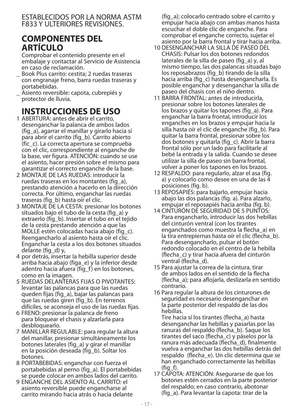 Componentes del artículo, Instrucciones de uso | Peg-Perego Book Plus User Manual | Page 17 / 24