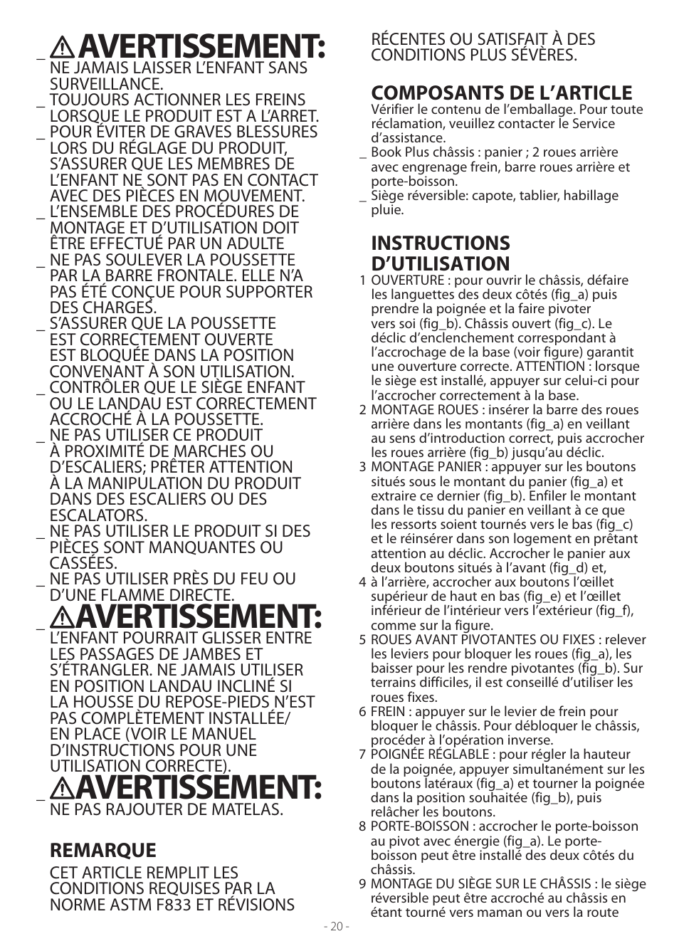 Avertissement, Remarque, Composants de l’article | Instructions d’utilisation | Peg-Perego Book Plus User Manual | Page 20 / 24